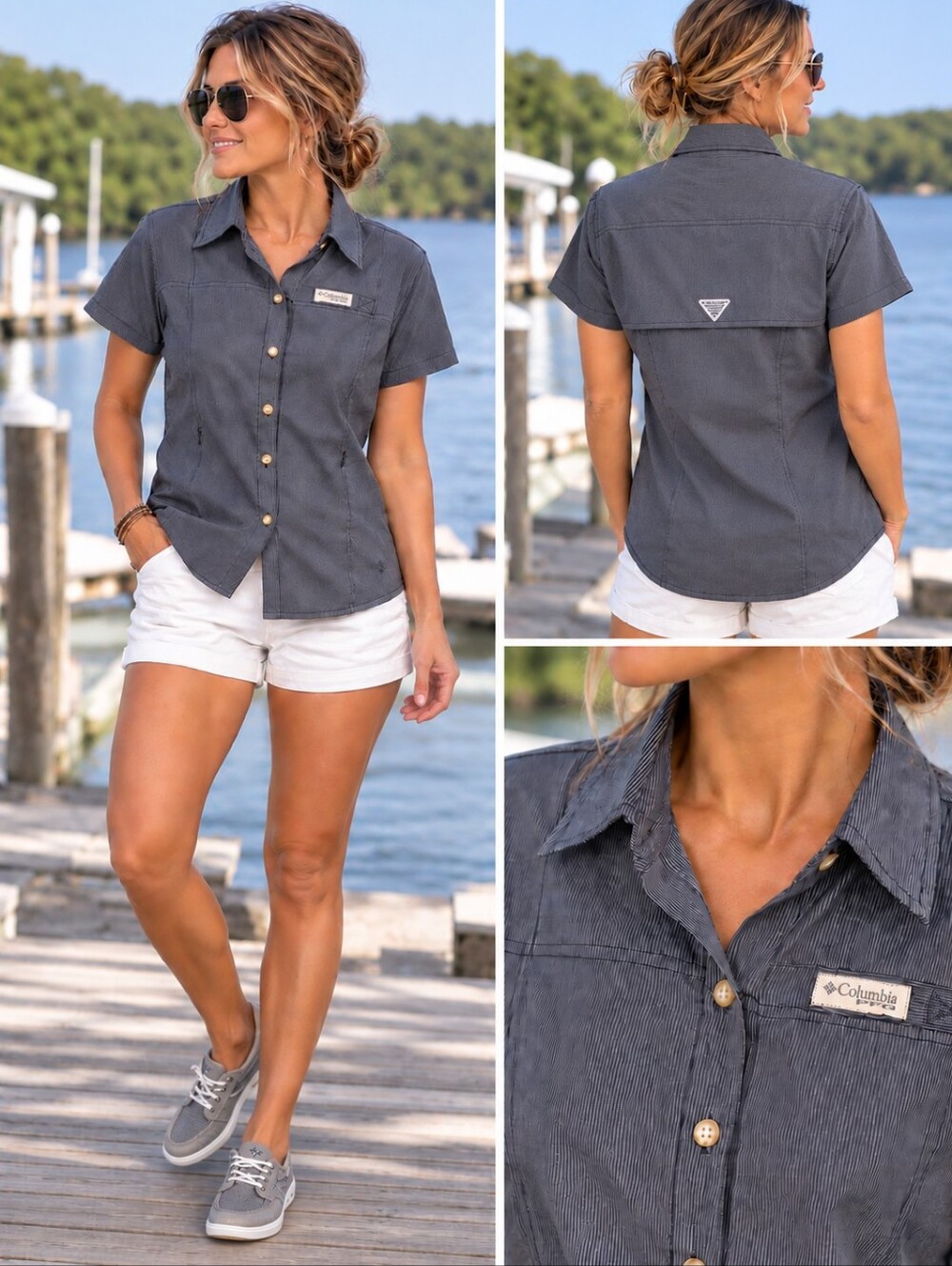Columbia PFG Bonehead Short Sleeve Shirt Size M Black Pinstriped Fishing Outdoor